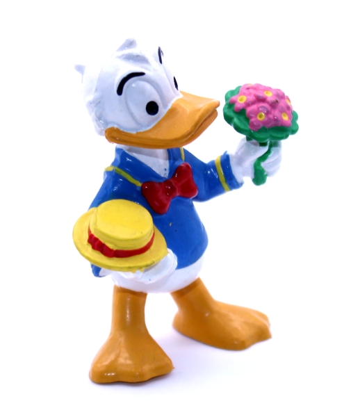 Disney Donald Duck mit Hut und Blumenstrauß Kunststoff Figur von Bullyland